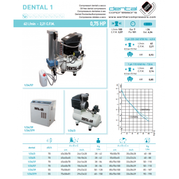 Werther Int. Dental Air 1/24/379-C - безмасляный воздушный компрессор с дополнительным звукоизолирующим сборным кожухом (100 л/мин) на 1 установку