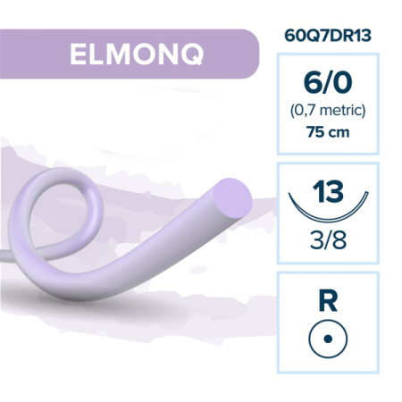 Нить сополимерная ELMONQ 6/0(0,7) 75см, игла DR 13мм, фиолетовая, рассасывающаяся (12шт) Elemaar