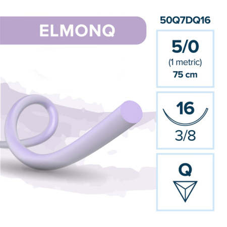 Нить сополимерная ELMONQ 5/0(1) 75см, игла DQ 16мм, фиолетовая, рассасывающаяся (12шт) Elemaar